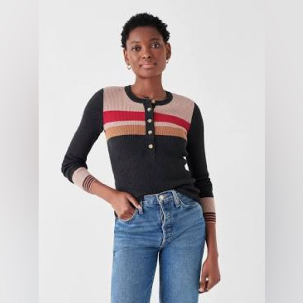 Faherty Black Long Sleeve Henley with Red and Tan Stripes